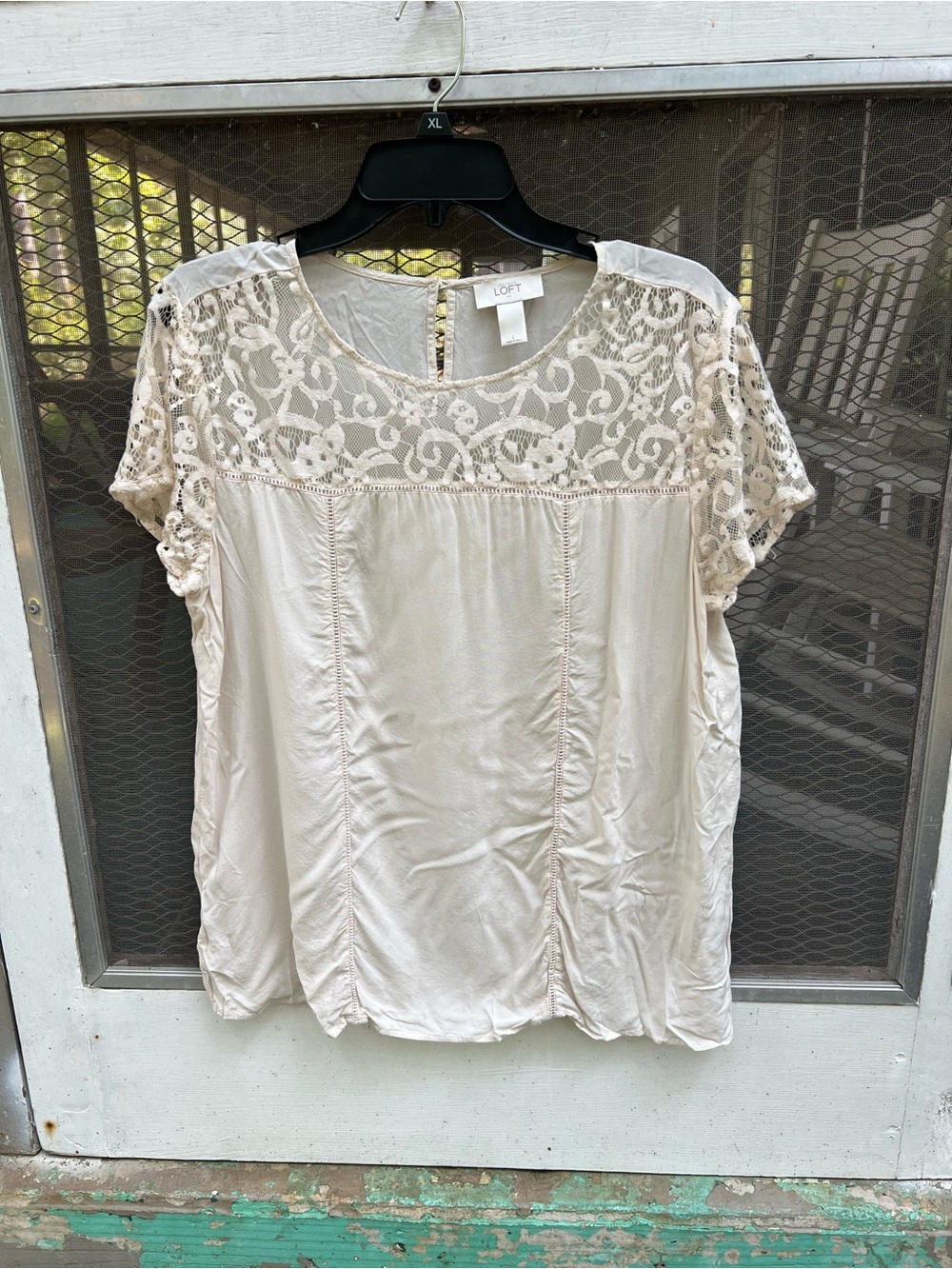 LOFT Cream Lace Yoke Short Sleeve Top